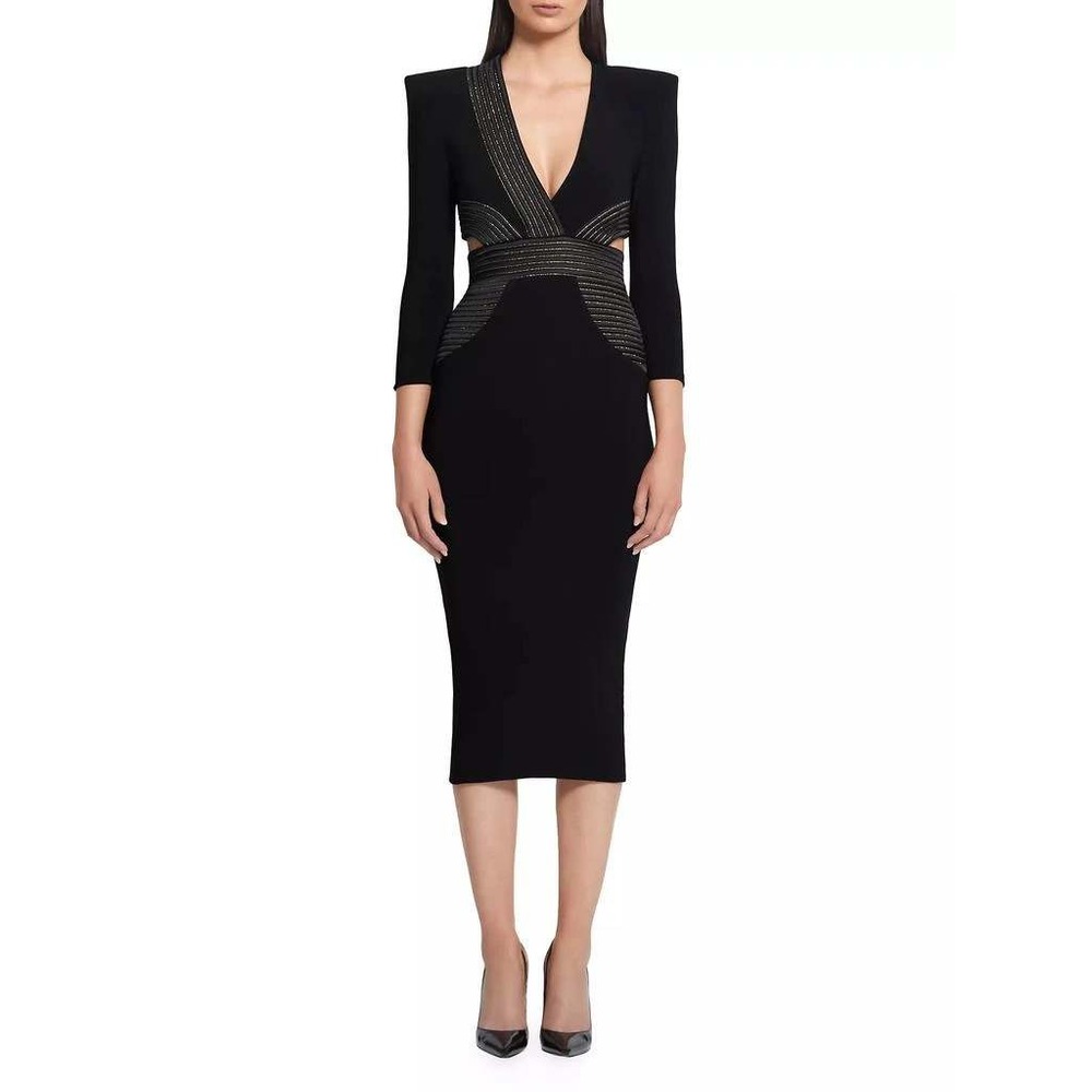 ZHIVAGO Go Your Own Way Midi Dress Womens 8 Black Cutout Padded Shoulders Party